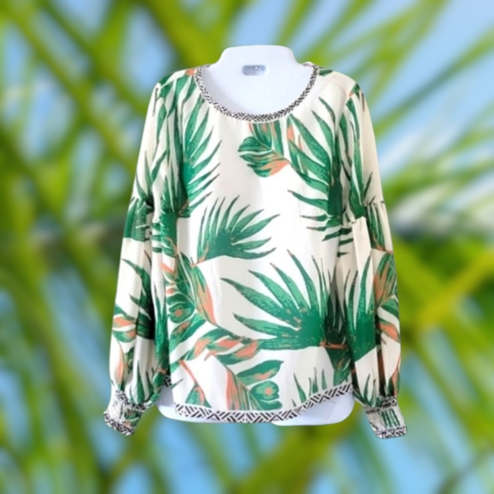 Jealous Tomato | Ivory/Green Boho Tropical Longsleeve Top (SIZE S)